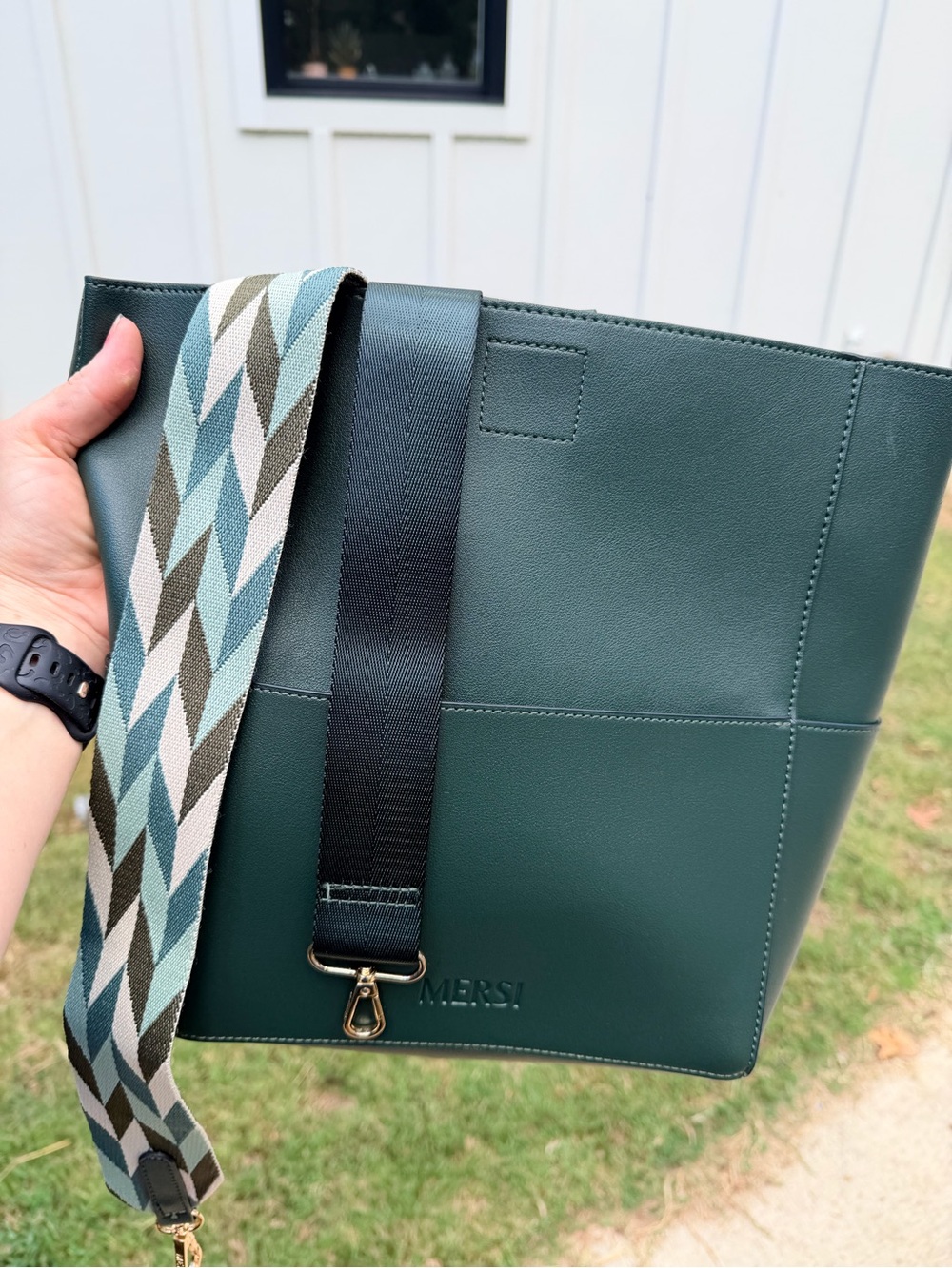 Deep Green Structured Messenger Tote with Patterned Strap